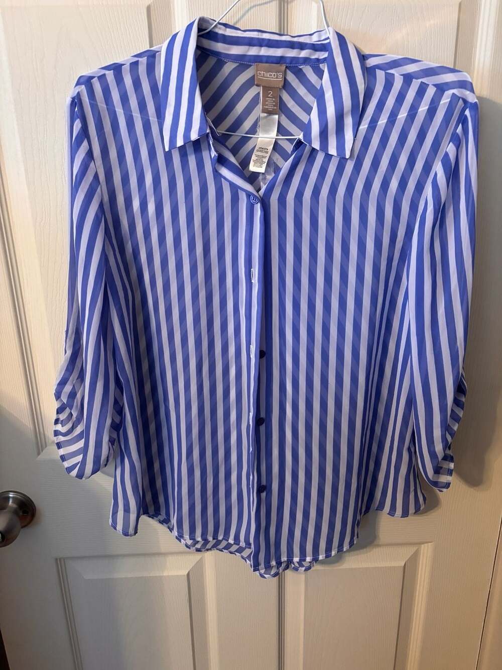 Chico's Blue and White Vertical Striped 3/4 Sleeve Sheer Button Down Blouse